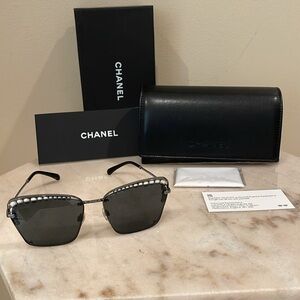 Chanel pearl embellished gunmetal frame square sunglasses